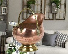 Antique Charcoal Bucket - Red & Yellow Copper - Porcelain Handle - Lion Head