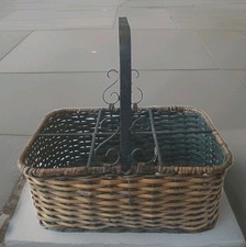 Ancien panier 6 porte-bouteilles, osier,fer forgé,décoration de cuisine,vannerie