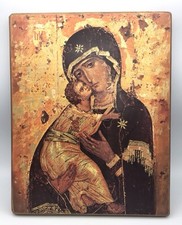 Grande ICÔNE Religieuse De La Vierge De Vladimir Sainte Théotokos Support Bois