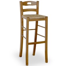 Tabouret De Bar En Bois Noyer Clair Avec Poignée H 80 Cm Assise En Paille