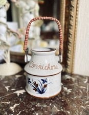 Vintage Hand Painted Terracotta Pickle Pot With Wicker Handle Table