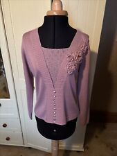 DAMART Ladies Sweater Size S Pink Wool Blend Knit Beaded Applique Long Sleeve