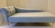 Tuffed Blue Velvet Chaise Raised Small Pet Bed Lounger Lucite Jeweled Legs