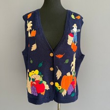Vintage Fall Themed  sweater vest - Mandal Bay  - navy blue - pumpkins - size S
