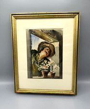 Signed Antique Watercolor - Character at the Window - Framed Vintage Gilded Wood