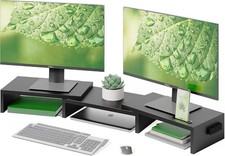 BONTEC Support Double Moniteur Rehausseur Bois Organiseur Réglable Noir