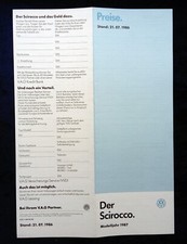 VW Scirocco price list year 1987 from 21.07.1986 for GT, GTL, GTX, GTX 16V