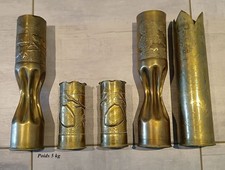 Trench art. Lot de 5 douilles gravées et sculptées dans les tranchées de 14/18.