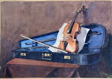 TESSIER G LE VIOLIN IN HIS CASE WATERCOLOR ON PAPER