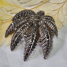 Broche Art Déco Forme Feuille Argent 925 Marcassites 45x45 Mm 14,1g