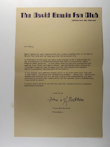 David bowie fan club lettre - club,