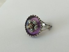 ANTIQUE 19TH CENTURY SOLID SILVER GOLD AMETHYST GLASS CABOCHON FINE PEARL RING