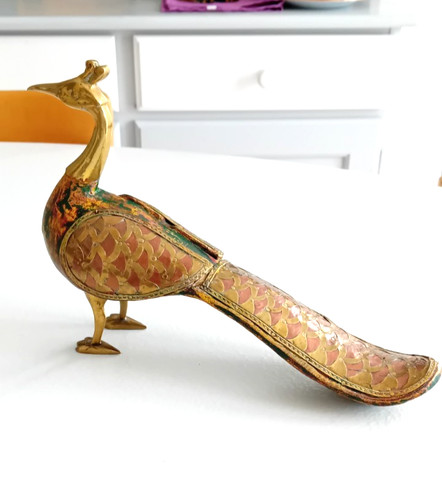 Figurine paon bois laiton - bois,