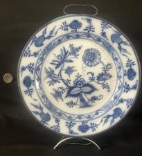 Antique heating plate blue onion decor, brass stand, late 19th century