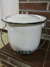 Vintage White Enamelware Chamber Pot With Lid and Handle