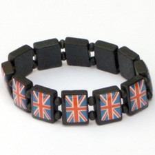 Bracelet élastiqué en bois noir -  drapeau Anglais - Royaume-Uni - Union Jack