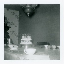 Empty Party Table Lit Birthday Cake Absent Guests 1960s Vintage Snapshot
