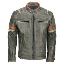 Pour Hommes Véritable Cuir Biker Jacket Vintage Gris Délavé Rétro Moto Style