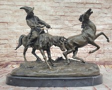 Lourd Bronze Cowboy Statue - Breaking en Un Wild Stallion Western Décor Figurine