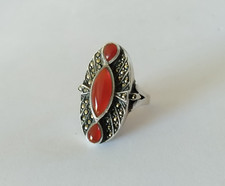ANTIQUE ART DECO SOLID SILVER CARNELIAN MARCASSITES RING SIZE 57