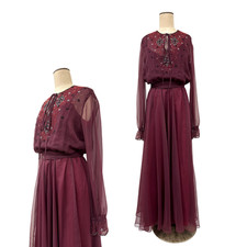 Vintage 1970s Jack Bryan Burgundy Chiffon Sheer Beaded Disco Gown