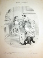 HONORE DAUMIER LITHO on WHITE CARICATURE MARITAL CUSTOMS CHILDREN CHAIR 1842