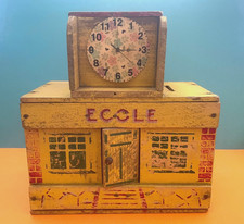 ANTIQUE PAINTED WOODEN TOY - PIGGY BANK SCHOOL - STENCIL DRAWINGS