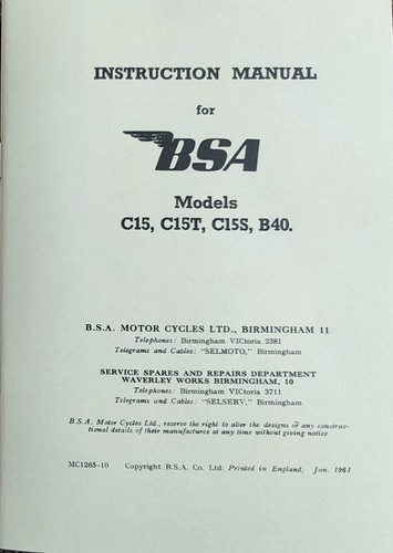 Manuel moto bsa c15 - de, 250