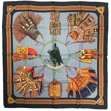 HERMES Carre 90 CUIRS DU DESERT Desert leather ornament Scarf silk Black Gra...