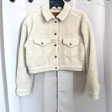 Levis Womens Sherpa Jacket Medium Cream Cropped Trucker Teddy Snap Western 18365