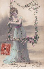 Old postcard fantasy young woman FLOWER SWING written in 1913 PLESSIER S St JUST