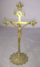 OLD CRUCIFIX ALTAR CROSS ON BASE RELIGION JESUS BRONZE 18-19 centuries