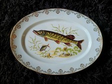 ANCIEN GRAND PLAT PRÉSENTATION POISSON PORCELAINE LIMOGES FRANCE MOTIF BROCHET 
