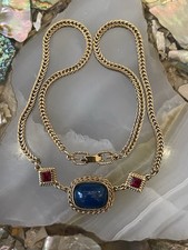 Vintage Signed Givenchy Necklace with faux Lapis and Red Baguettes in Goldtone