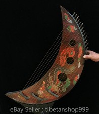 36" Old Chinese Wood Lacquerwork Phoenix Bird Crescent Moon Shaped Guzheng