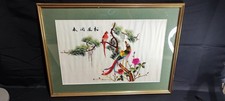 Tableau d'oiseaux brodé ancien tableau broderie de soie avec cadre doré