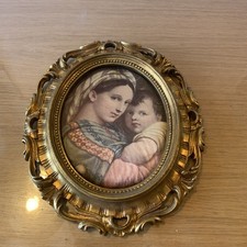 Perforated wooden oval frame 40 cm with tapestry woman to child 