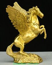 8" Vieux Chinois Laiton Cuivre Fengshui Succès Animal Aile Cheval Chevaux Statue