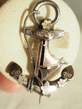BROCHE ANCIENNE ANCRE MARINE ARGENT MASSIF OR ANTIQUE ANCHOR SILVER BROOCH