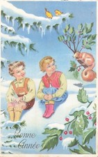 ILLUSTRATED CP GOOD YEAR LITTLE GIRL BOY SITTING IN SNOW SQUIRREL - 52759