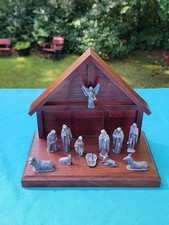 Pewter NATIVITY SET 13 pc. VINTAGE 1980'S Wooden Creche Christmas DECORE RARE