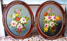 2x paintings old oil still life bouquet of flowers 20th century