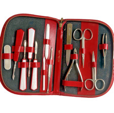 Vintage 13 pc Manicure Pedicure Set Red Ground Leather Case Germany Austria -N