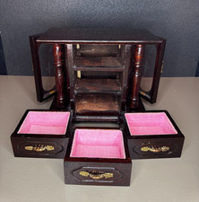 Vintage boîte à bijoux bois 2 portes latérales 3 tiroirs armoire rangement