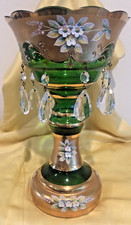 Antique Mantle Luster Green Glass Bohemia Style Gold Crystal Prisms 13" Tall
