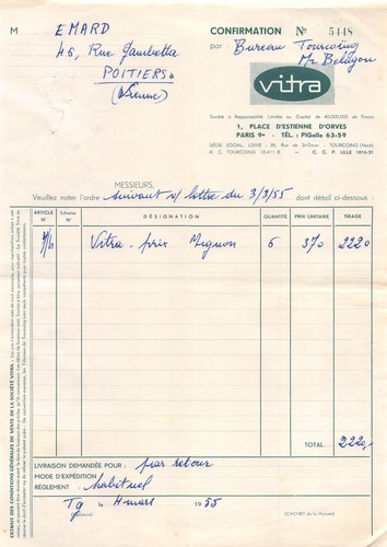 Facture 1955 vitra paris - vitra,