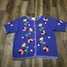 Mandal Bay Vintage Womens Blue Floral Ladybug Sweater Size XXL Short Sleeve