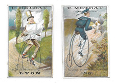 2 old advertising chromos Metrat Lyon H. 10.5 cms bikes cycles large bi
