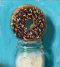 “Choc Iced Donut & Milk” NOAH VERRIER Still life oil painting, Signed art print