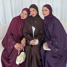 New Luxury Dubai Abaya Eid Women Muslim Beaded Bow Solid Color Robe Arab Dresses